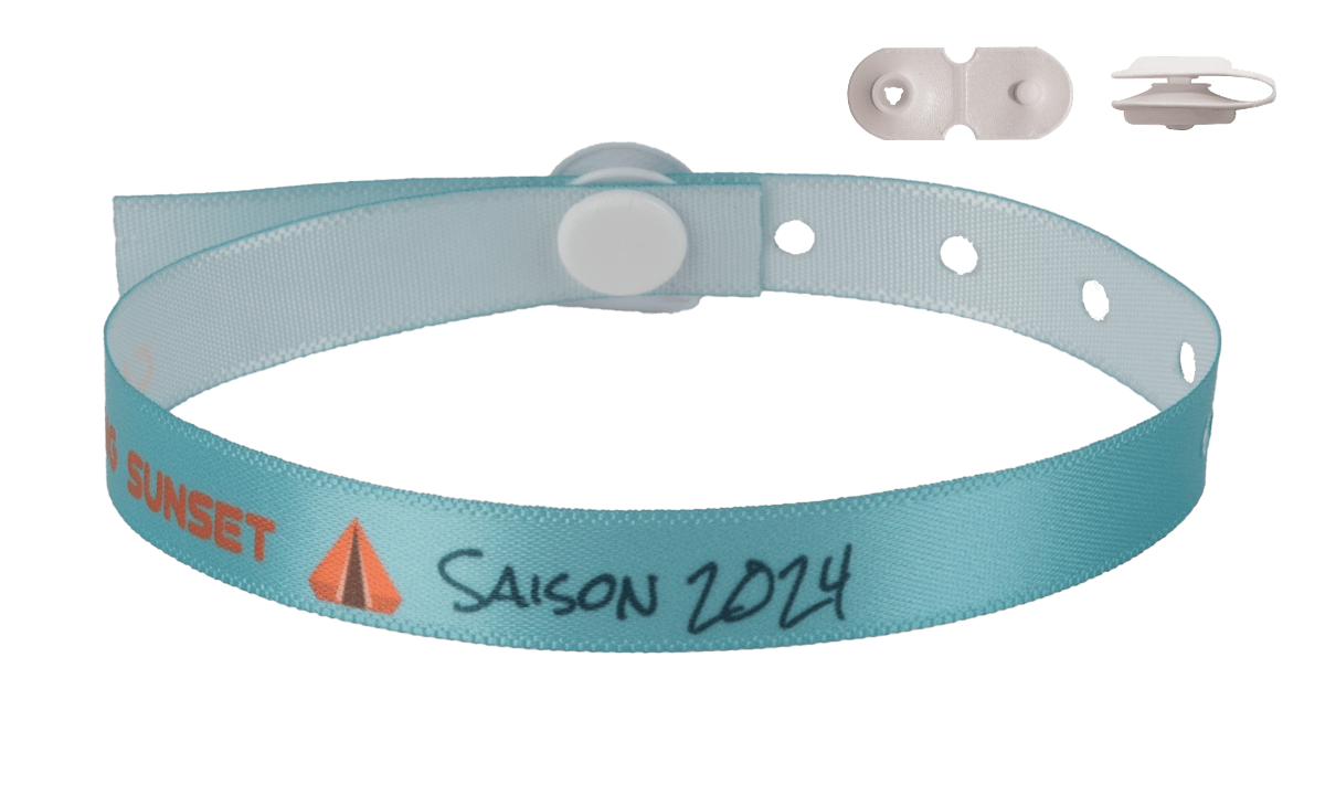 Satin wristbands 10mm "Special camping" with vinyl button clip closure, St Tropez