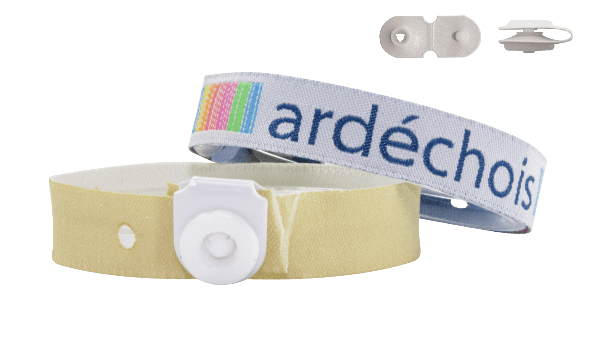 Woven wristbands 10mm "Special camping" with vinyl button clip closure, St Tropez